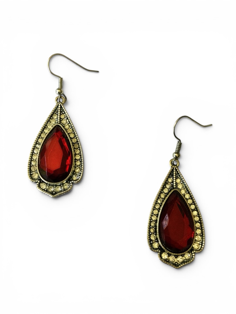 Vintage Y2K Red Glass Teardrop Earrings w/ Rhinestone Halo - Picture 4 of 9